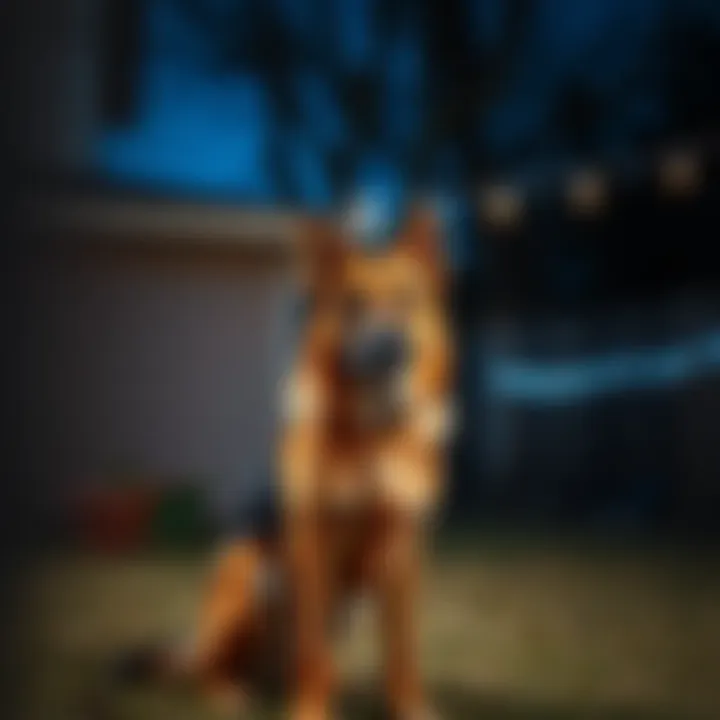 A German Shepherd standing unusually, looking alert in a dimly lit backyard, suggesting odd behavior.
