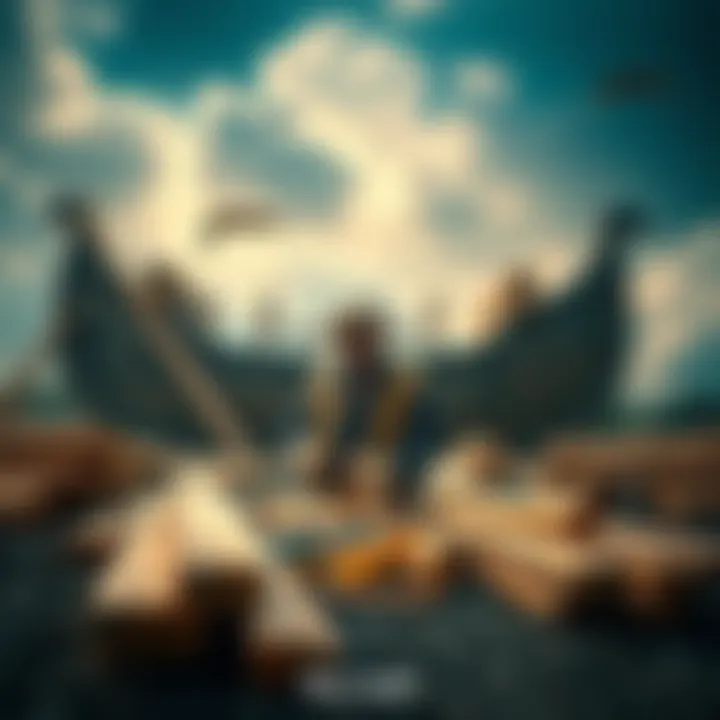 Ebo Noah, a prophet from Ghana, is constructing a large wooden ark in preparation for a predicted flood. The scene shows him working with tools, surrounded by timber and building materials.