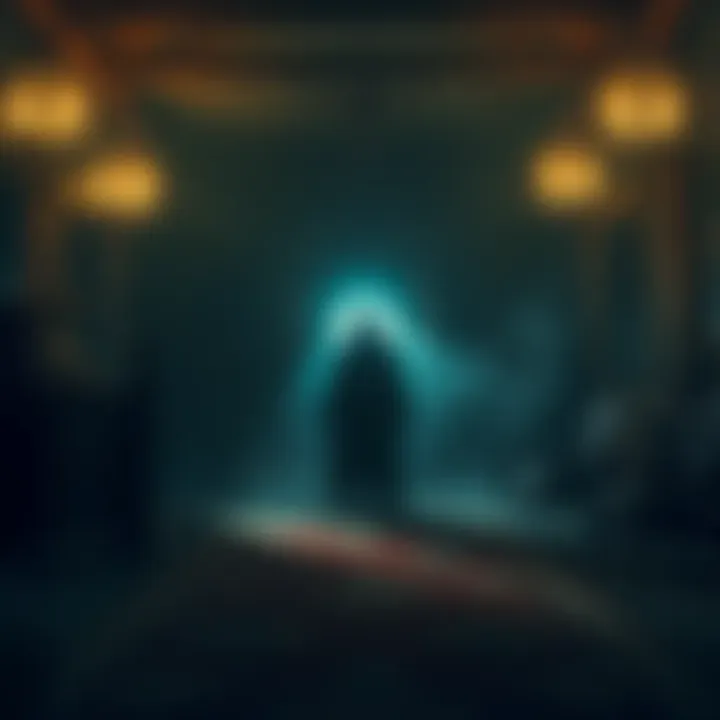 A shadowy figure in an old, dimly lit room with eerie decorations, evoking a haunting atmosphere.