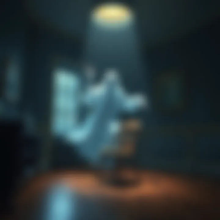 A transparent ghost figure appears to be moving a chair in a dimly lit room, showcasing the idea of spirits influencing physical objects