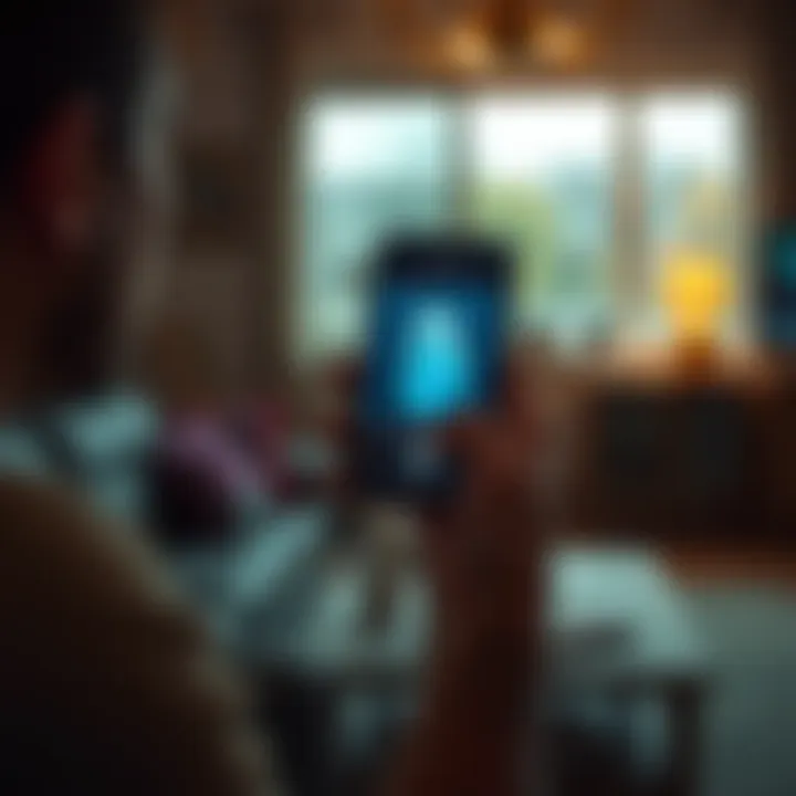 Ghost Tube App in Use A smartphone displaying the Ghost Tube app with paranormal activity readings and a user looking intrigued, surrounded by dim light in a living room.