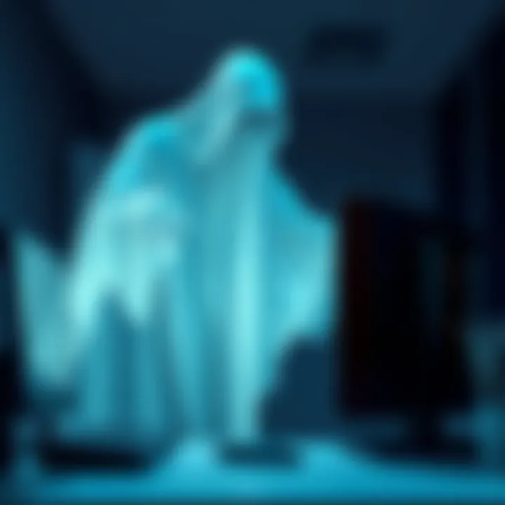 A ghostly figure appears near a desktop computer, seemingly turning it on, with a dimly lit room in the background.