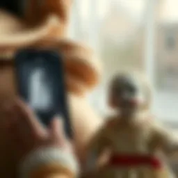 A Ghost Box app displayed on a smartphone next to an 80-year-old vintage doll with a curious expression