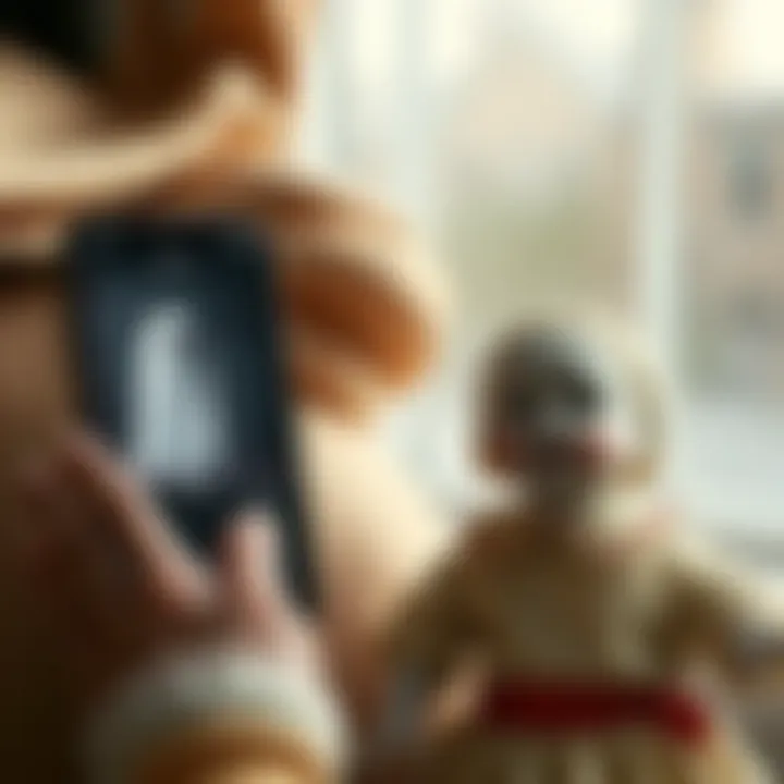 A Ghost Box app displayed on a smartphone next to an 80-year-old vintage doll with a curious expression