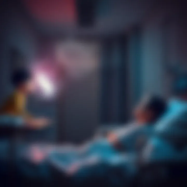 Ghost boy in hospital room A ghostly young boy plays with hospital electronics in a dimly lit room, causing flickering lights and strange sounds, while a patient looks on in surprise.