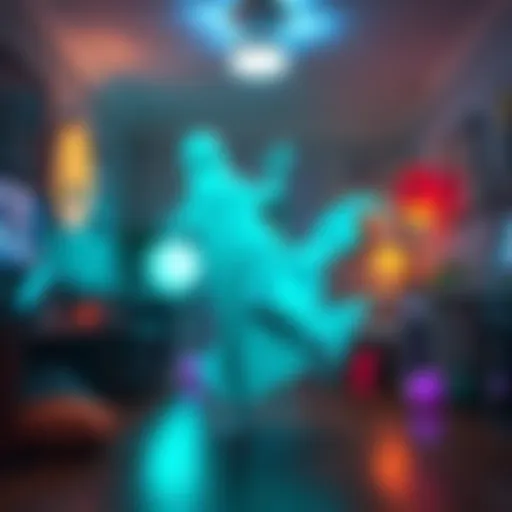 A playful ghost showing off breakdancing moves in a lively room, with glowing effects and fun decorations around.