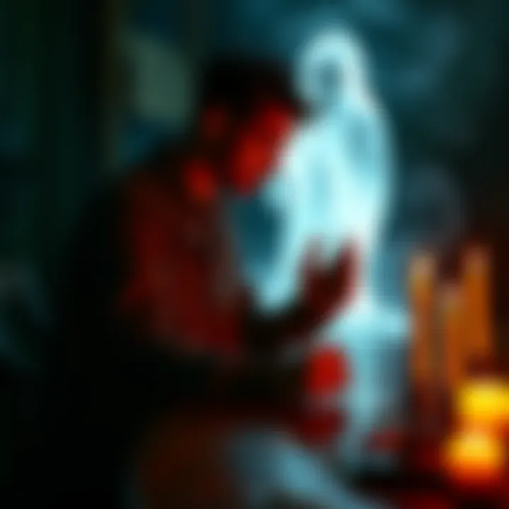 A person sitting at a table with candles, trying to communicate with a ghost, surrounded by a mystical atmosphere.