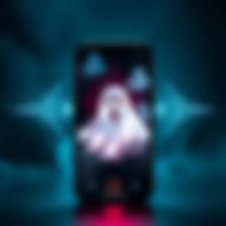A smartphone displaying a ghost communication app with ghostly images and sound waves, suggesting supernatural interaction.