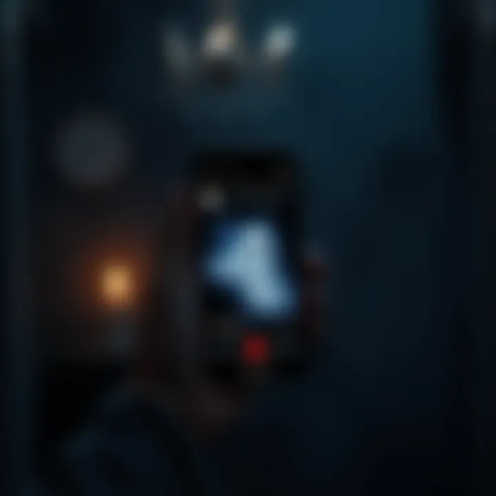 A person holding a smartphone displaying a ghost communication app, surrounded by a dark room with a flickering candle, suggesting an eerie atmosphere.