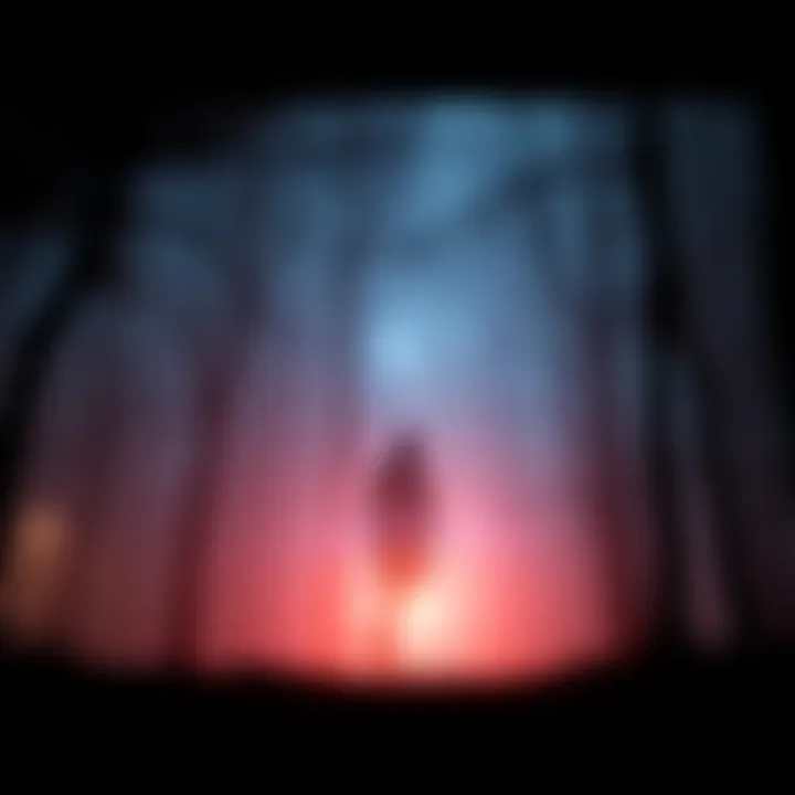A faint, translucent figure resembling a ghost appears in a dark, foggy forest, surrounded by trees.