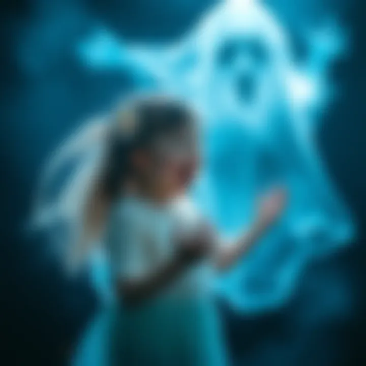 A ghostly figure of a young girl laughing and reaching out as she calls for her mother in a spooky setting