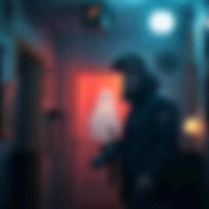 A ghost hunter standing in a dimly lit room with paranormal equipment, looking serious and concerned