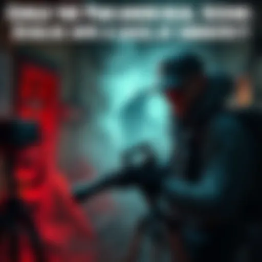 A professional ghost hunter using equipment to investigate a haunted location, with supernatural elements like orbs and shadowy figures appearing in the background.