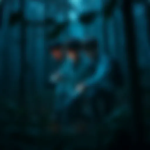 A group of young ghost hunters equipped with flashlights searching in a dark, spooky forest.