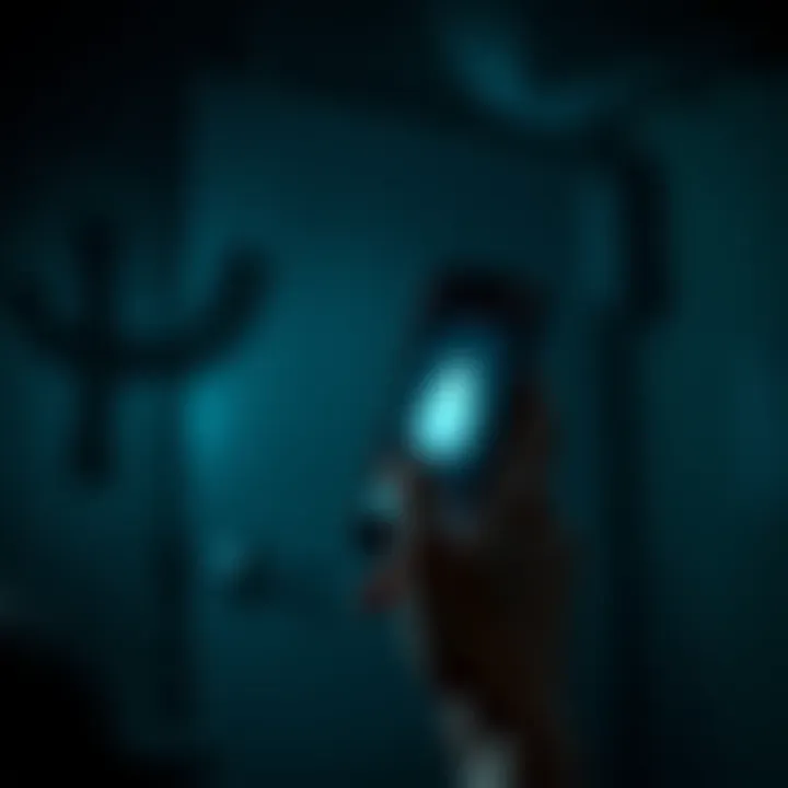 A person holding a smartphone displaying a ghost hunting app, surrounded by dim lighting and shadows