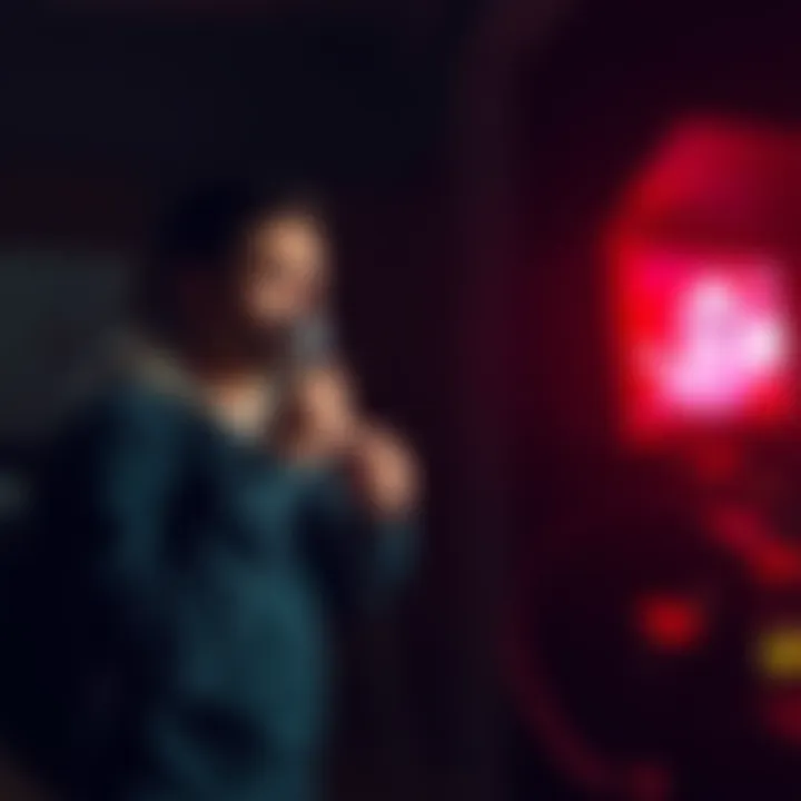 A crew member in a dark room holding a microphone while recording sounds for a ghost hunting show, with a camera focused on the equipment.