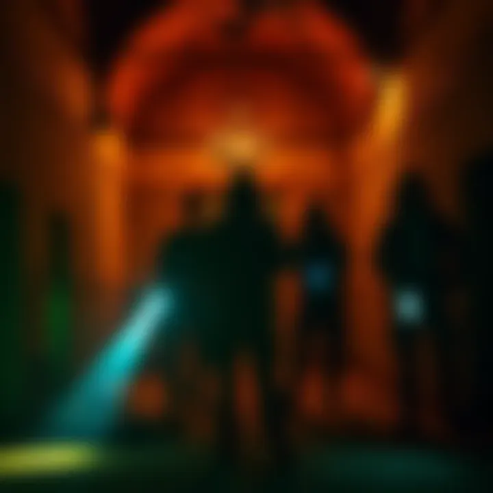 A group of ghost hunters using tools like EMF meters and flashlights in an abandoned building at night.