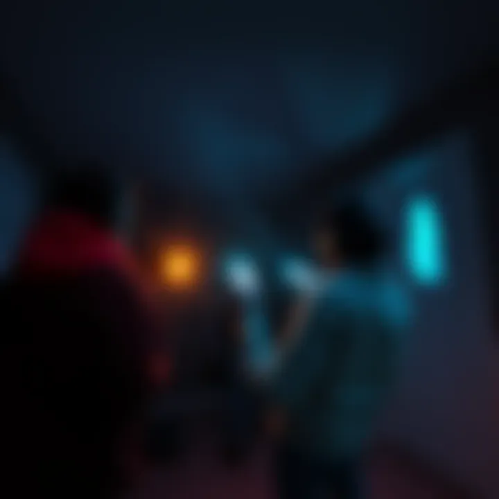 A group of people using flashlights and ghost hunting devices in a dimly lit room