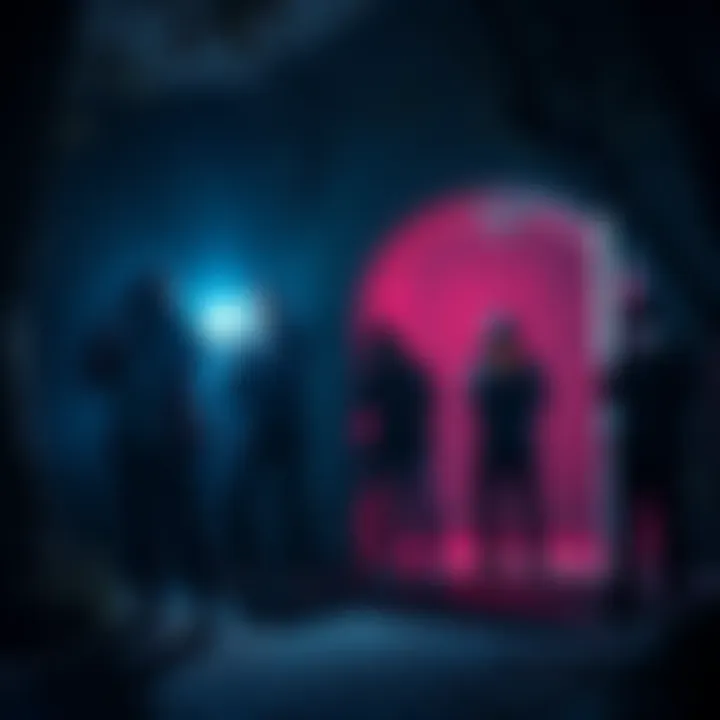 A group of people exploring a dark, spooky location with flashlights, searching for ghosts