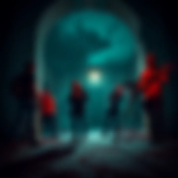 Ghost hunting team at a spooky location A ghost hunting team investigating a dark, eerie building with flashlights and equipment