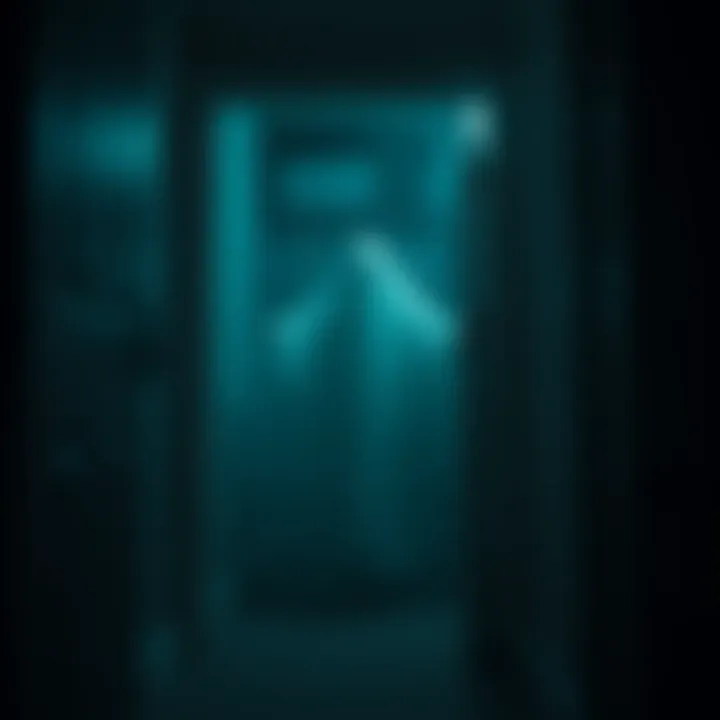 A ghostly figure is seen emerging from a closet in a dimly lit room.