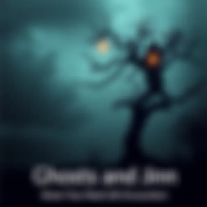 Ghost and Jinn Encounter A silhouette of a ghost hovering near an old tree with a mystical glow, symbolizing supernatural encounters.