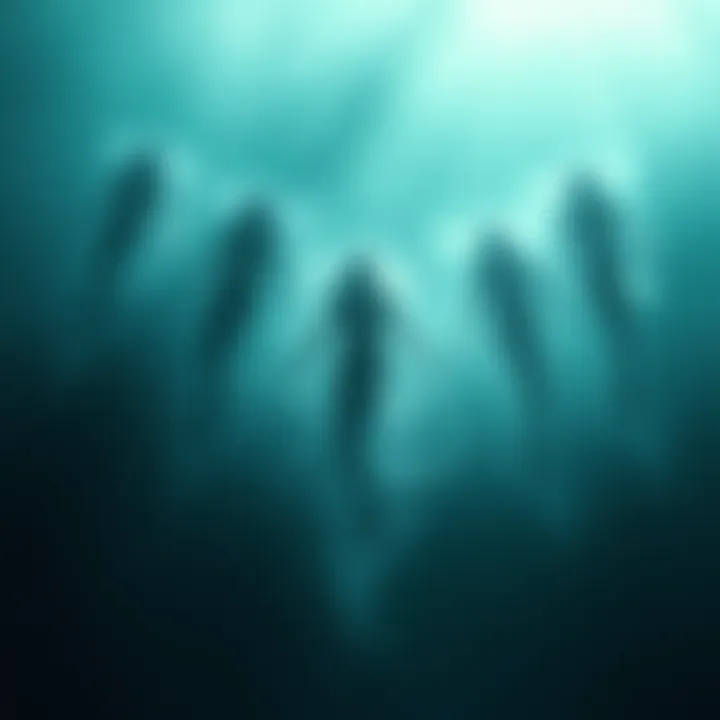 A ghostly mermaid figure emerging from dark waters, surrounded by mist and shadows