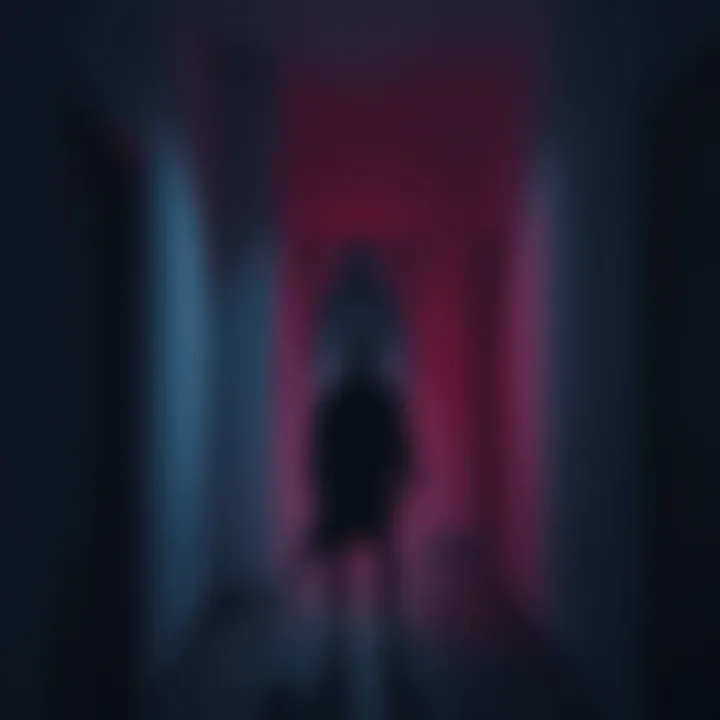 A person standing in a dimly lit room, looking startled as a shadowy figure appears behind them.