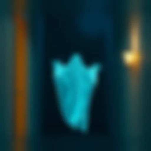 A translucent figure resembling a ghost appears in a dimly lit room, gently glowing and softly outlined against the darkness.
