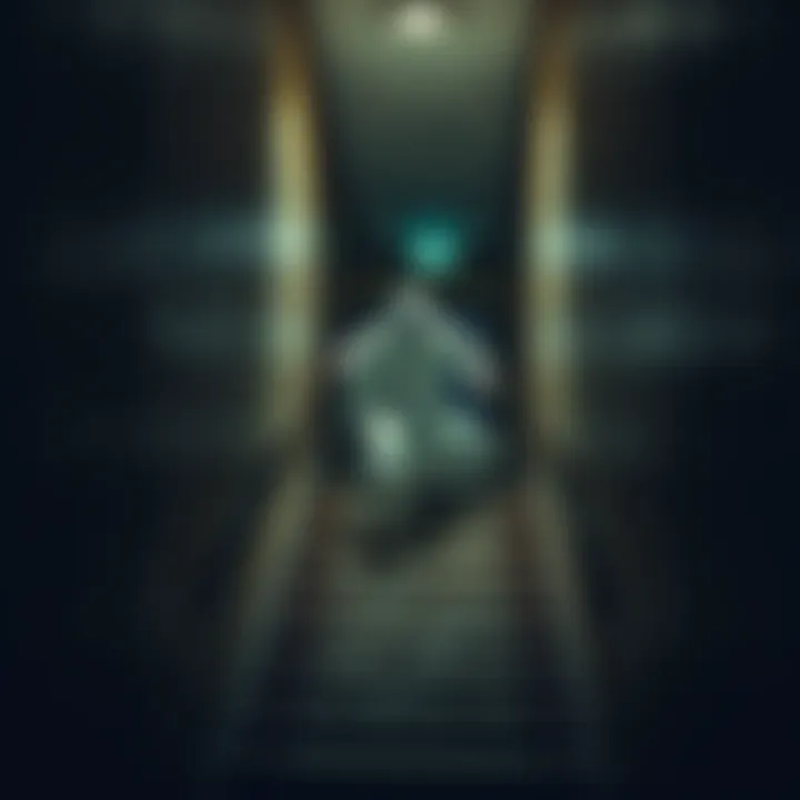 A ghostly figure dashing up the stairs in a dimly lit haunted house, creating an eerie atmosphere.
