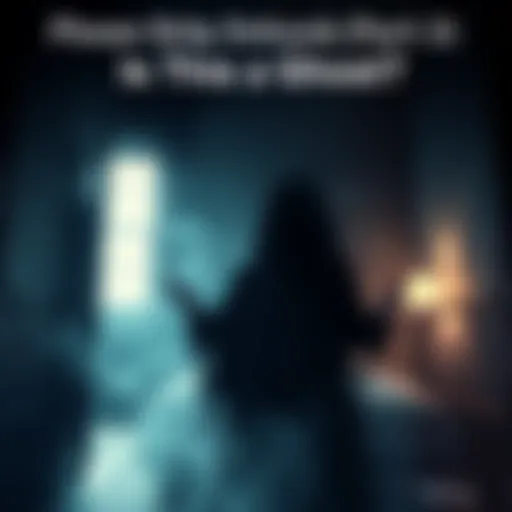 A shadowy figure appears in a dark, foggy room, suggesting a ghost sighting