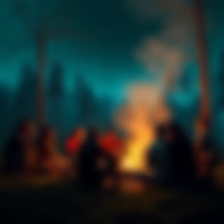 A group of people sharing their ghost stories around a campfire at night, with a spooky forest in the background.