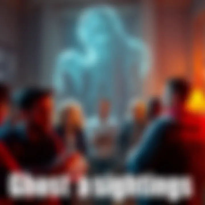 A group of people gathered in a dimly lit room, sharing stories about ghost sightings, with expressions of intrigue and skepticism