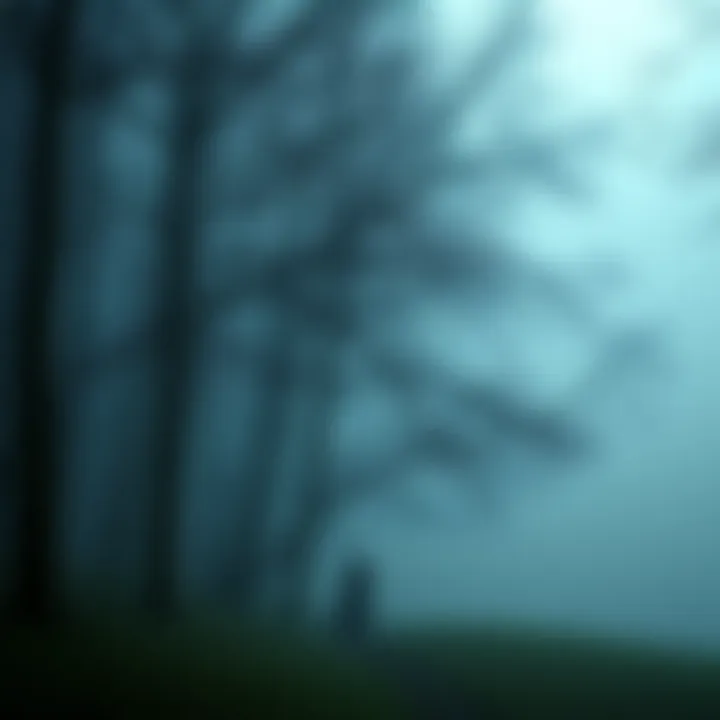 Ghost Stories and Beliefs A dark, misty forest with a faint silhouette of a ghostly figure among the trees, inviting people to share their ghost stories.