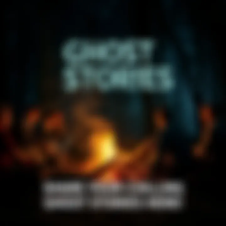 A group of people sharing ghost stories around a campfire at night, with shadows and eerie ambiance.