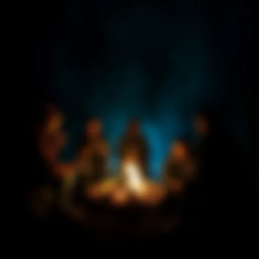 A group of people gathered around a fire sharing spooky ghost stories, with shadows and a dark forest backdrop.