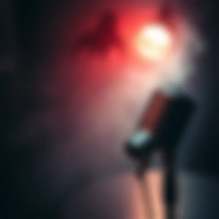 Podcasts about true ghost stories A spooky atmosphere with an old microphone and ghostly silhouettes in the background
