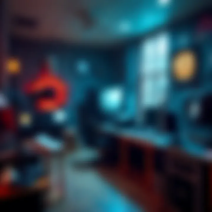 A vintage radio studio filled with spooky decorations, showcasing ghost stories and technical issues during a live call-in session.