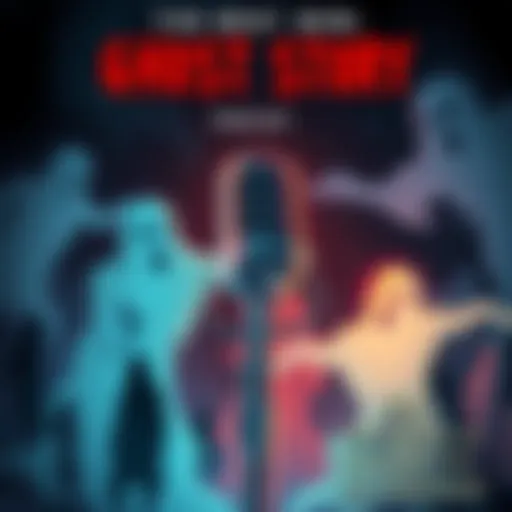 A spooky illustration showing a microphone surrounded by ghostly figures and eerie shadows, suggesting ghost stories being told.