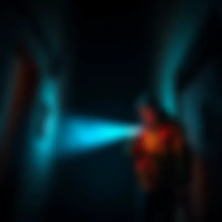 A ghost tracker uses a flashlight in a dark, eerie location, capturing the thrill of supernatural exploration.