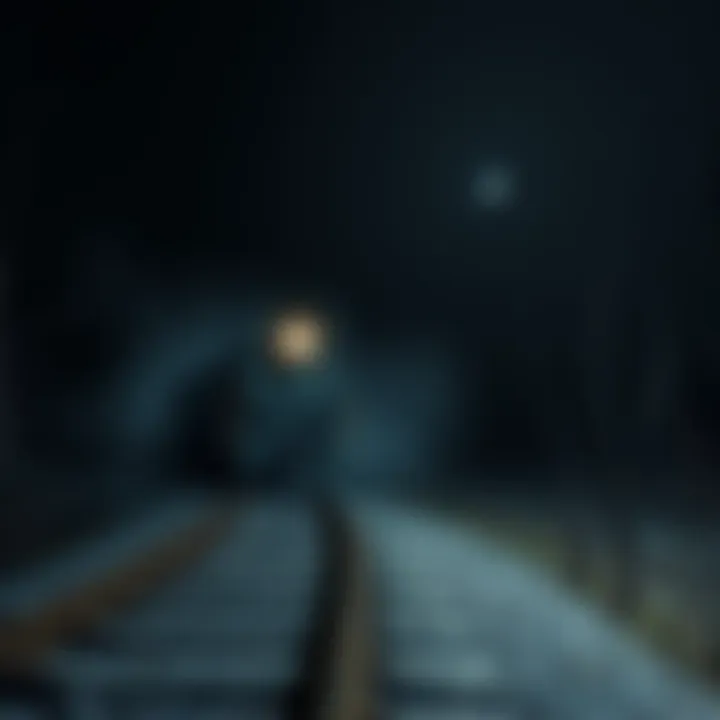 A ghostly train appears on dark, abandoned railway tracks surrounded by fog and trees at night