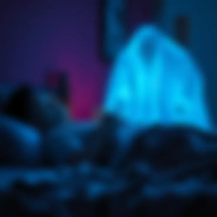 An old Asian ghost with a blue light appears beside a sleeping person in bed, creating a spooky atmosphere at night.