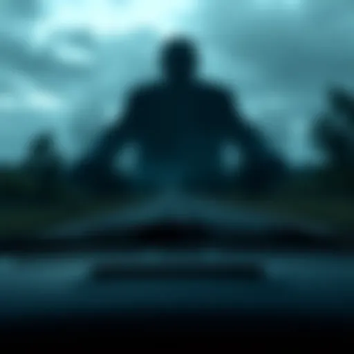 A car driving on a dark road with a silhouette of an elderly man in the distance, representing a ghostly vision,