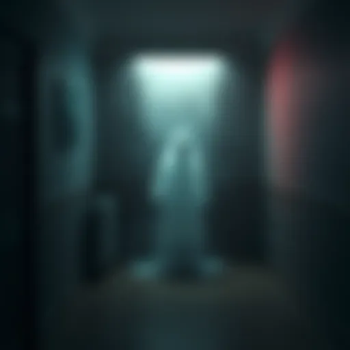 A translucent figure resembling a person stands in a dark room, with a soft glow around it, suggesting a ghostly presence.