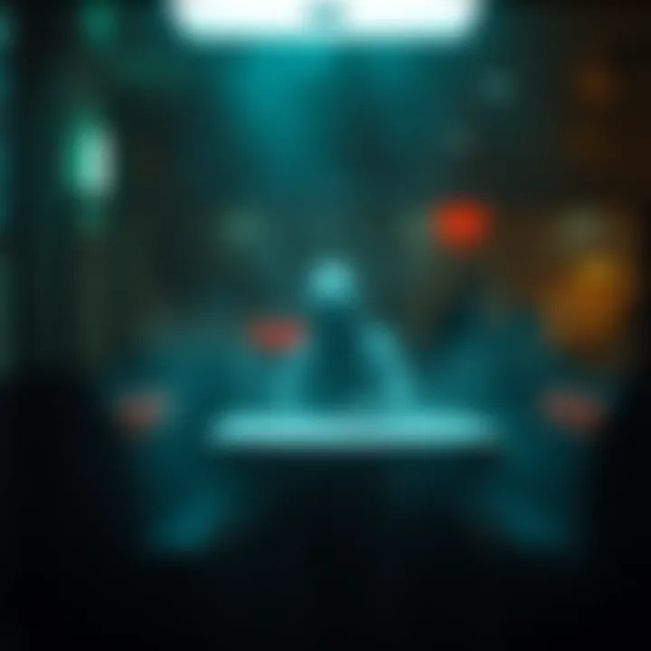 A shadowy figure is seen sitting alone at a table in a dimly lit diner with eerie lighting.