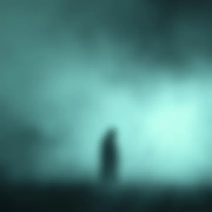 Ghostly Figure in Fog A shadowy figure appears in a misty landscape, symbolizing the concept of ghosts lurking in the unknown.