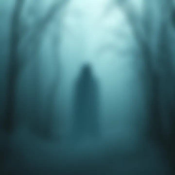 Ghostly Figure in Fog A translucent ghostly figure appears in a misty forest, symbolizing various interpretations of ghosts.