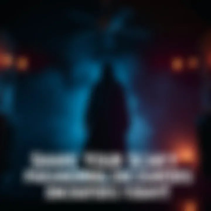 A shadowy silhouette of a ghostly figure appears in a dark room, surrounded by eerie lighting and flickering candles.