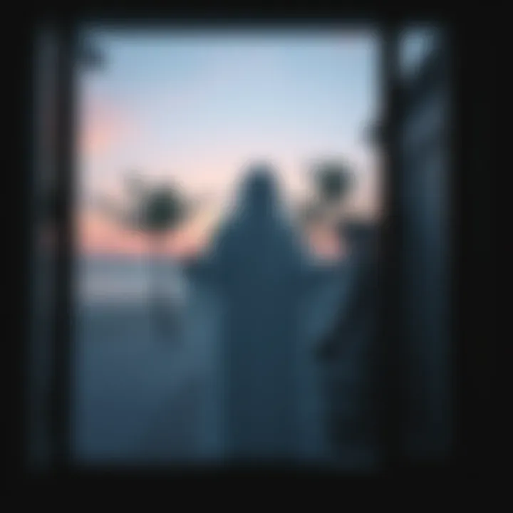 A translucent ghost seen in a store window during a vacation getaway, with the background of a beach and palm trees visible outside.