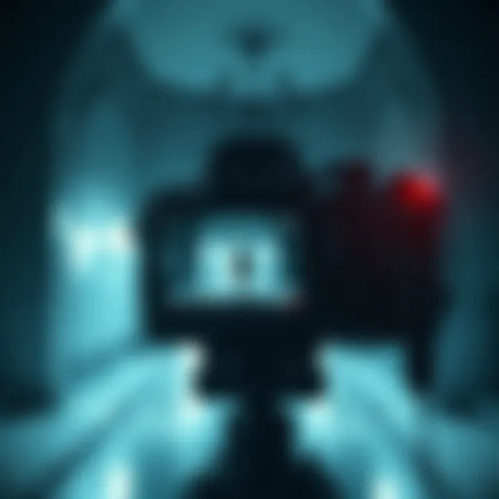 A camera capturing a scene with what appears to be a ghostly figure in the background, showing a blurred silhouette